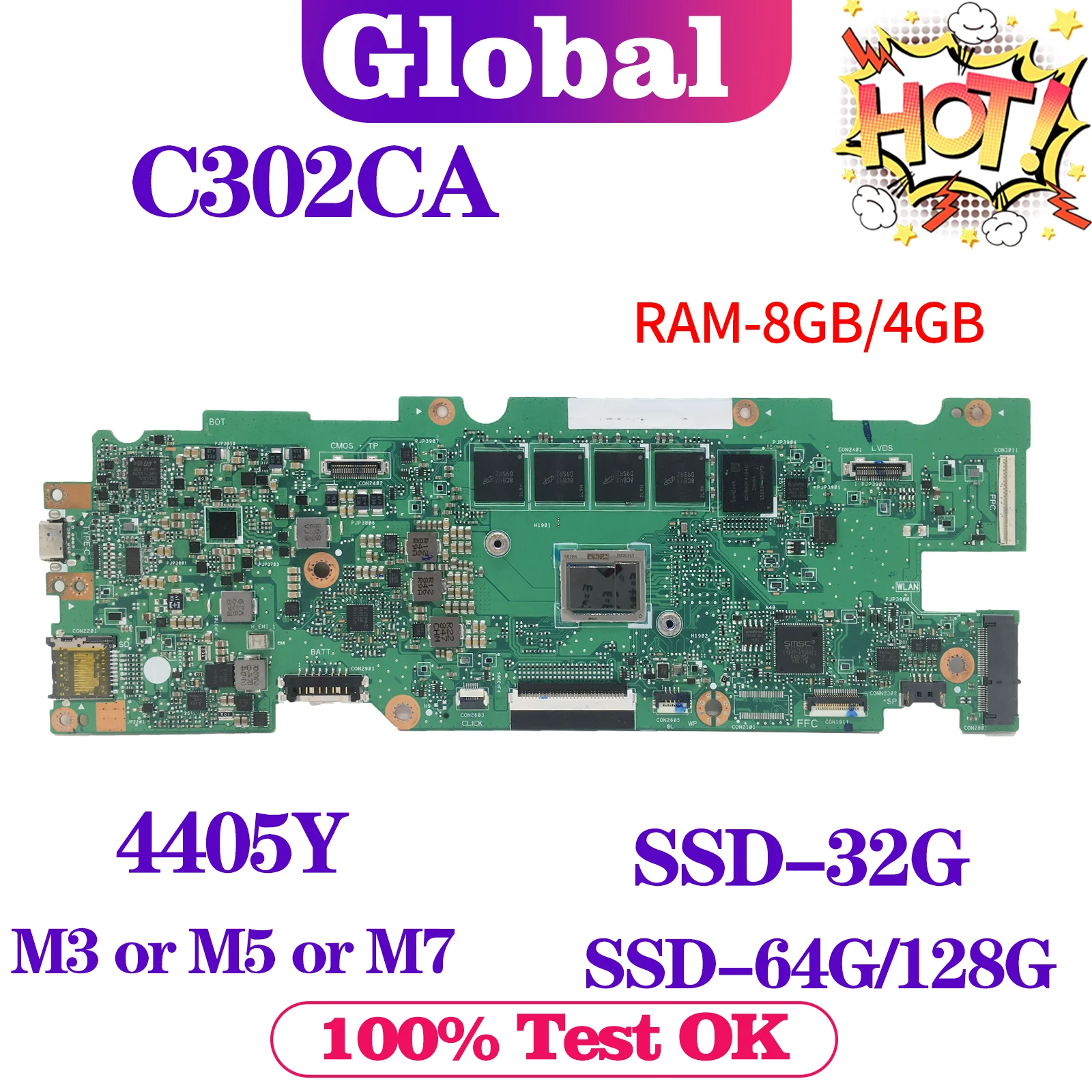 

KEFU Mainboard C302C 4405Y M3-6Y30 M7-6Y75 4GB/8GB-RAM SSD-32G/64G/128G For ASUS C302CA C302 Laptop Motherboard Maintherboard