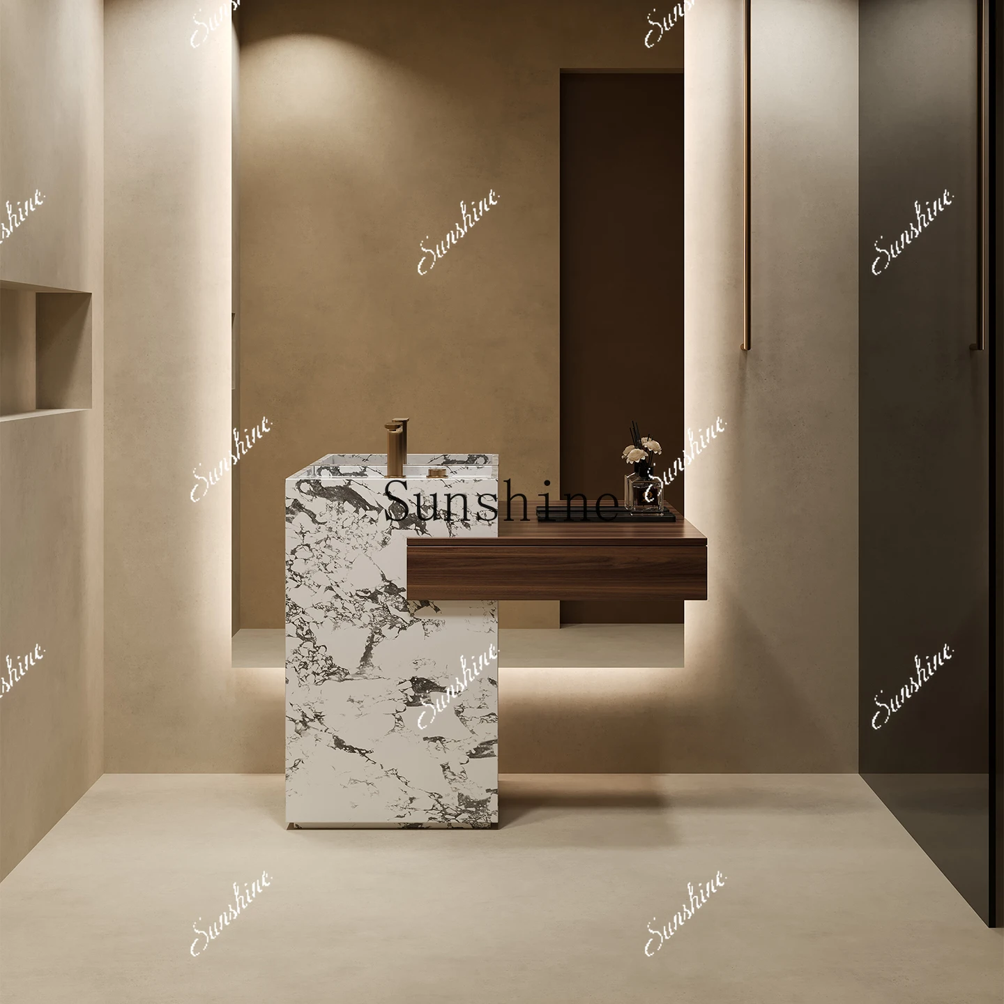 Travertine rock slab column wash basin integrated outdoor courtyard bathroom cabinet  FT