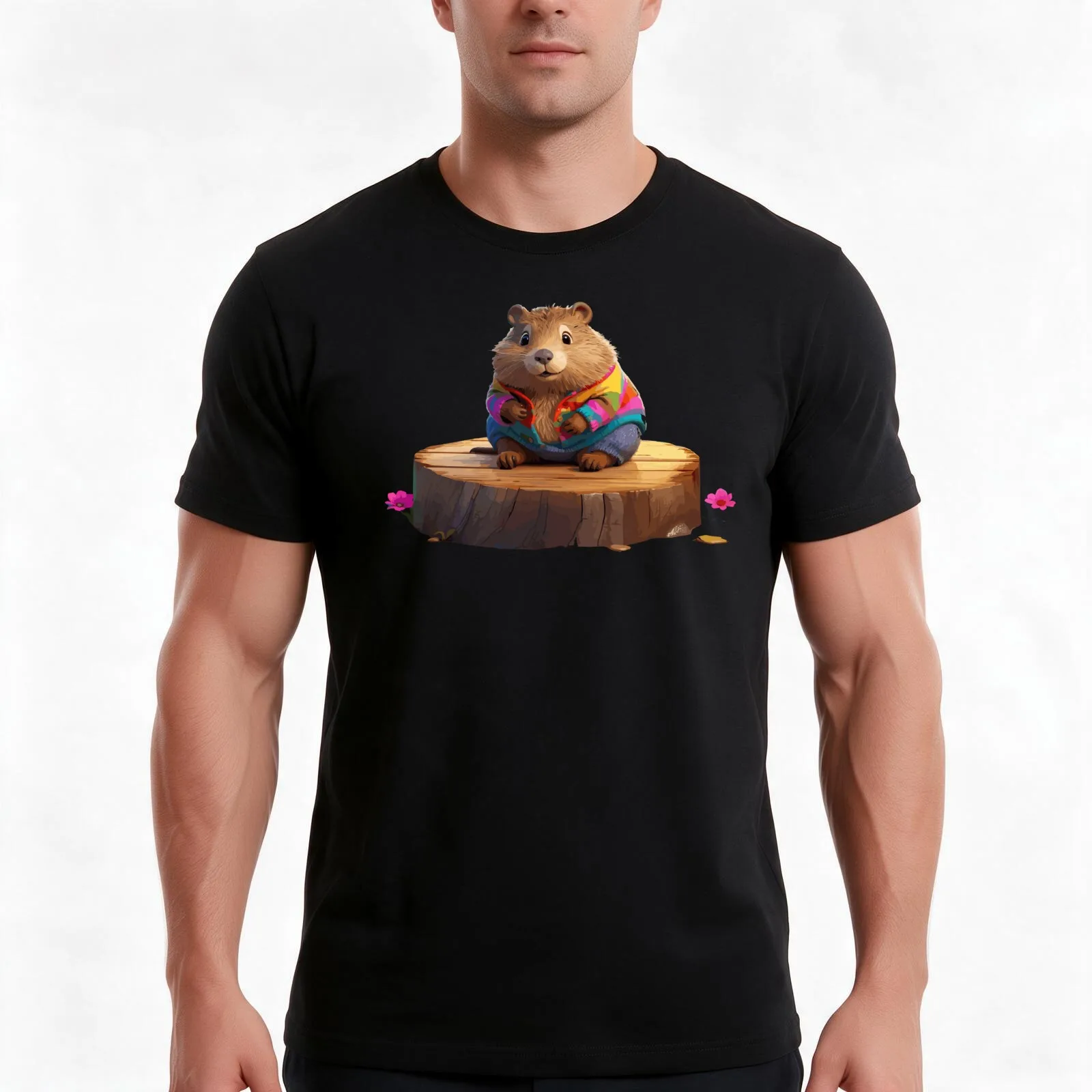 Beaver Bliss: Whimsical Cartoon Print Design Men T Shirt printed t shirts for man