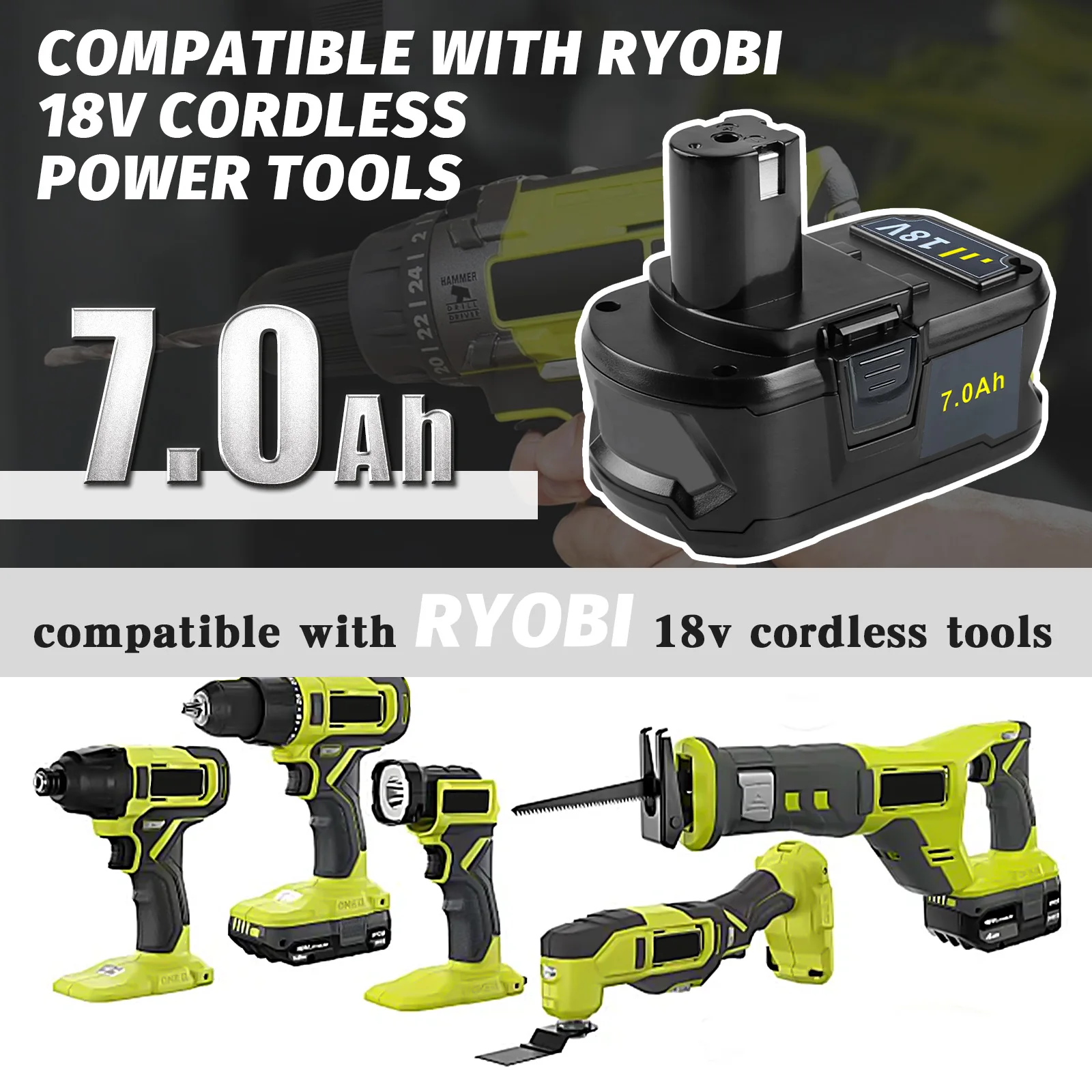 Bateria de íon-lítio de substituição, 2 peças, 18v, 7,0ah, para bateria ryobi, compatível com carregador original ryobi e ferramentas sem fio de 18v