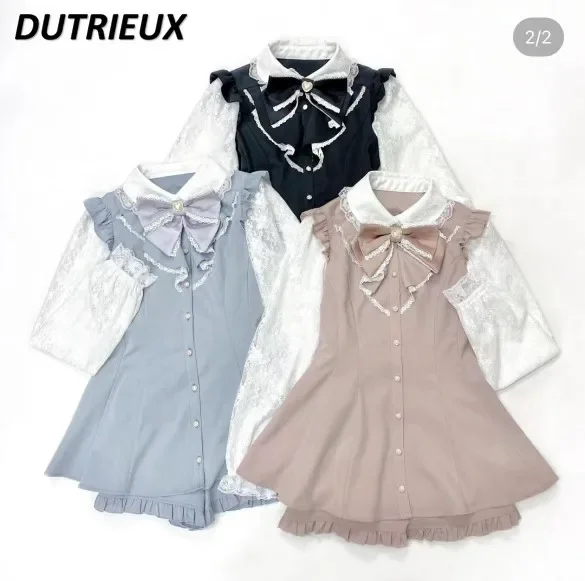 Japanese New Lolita Cute Sweet Bow Lace Patchwork Long Sleeve Shirt Blouse and Shorts Two Peice Set Spring Summer Shorts Outfits