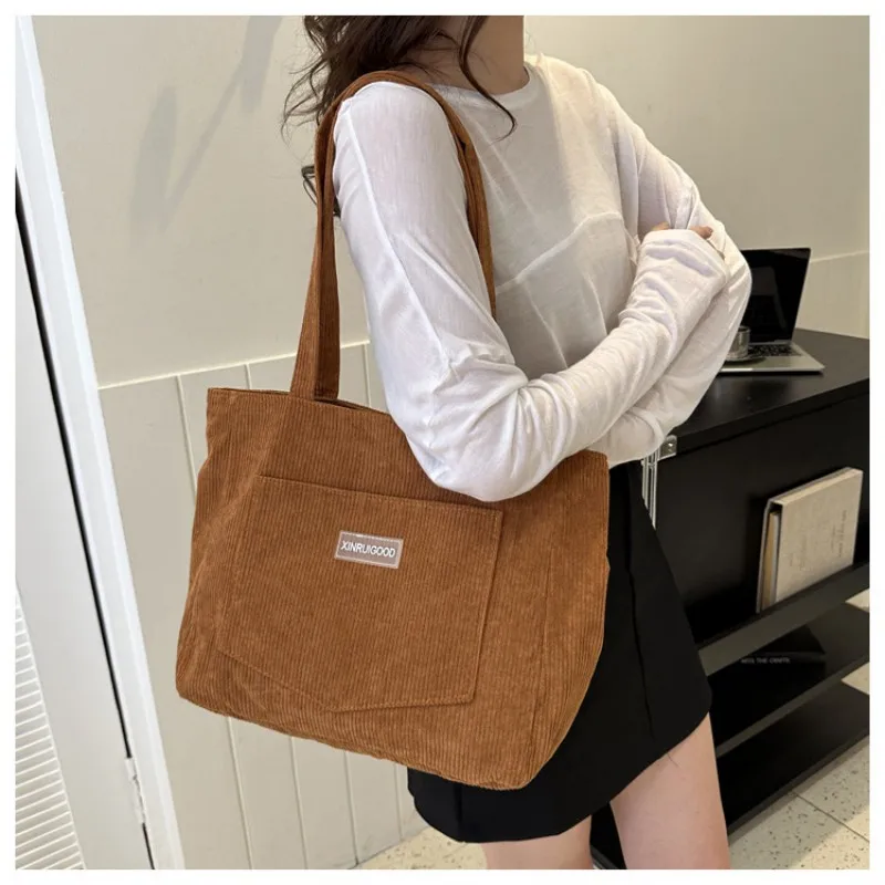 New Large Capacity Shoulder Bag For Women Trendy Corduroy Tote Bag Solid Color Ladies Handbag Student Casual Harajuku Bookbag