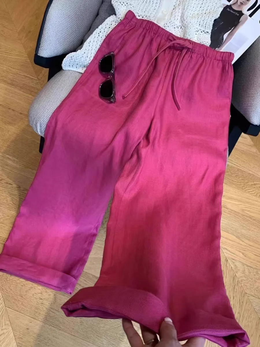 

Ele High-Waisted Wide-Leg Pants for Women Casual Straight Cut Summer 2025 New Sle Pink Linen Blend Busin Casual Trou...