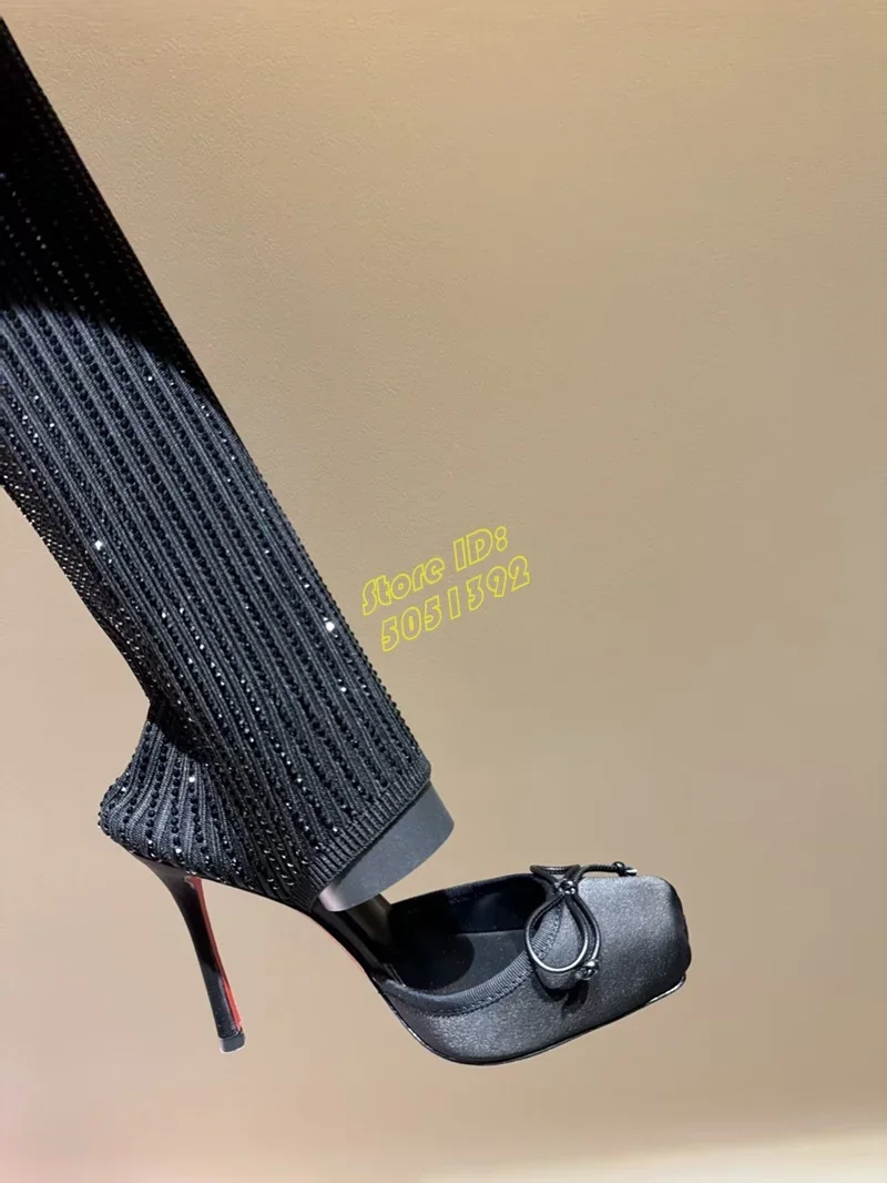 Crystal Boots Elastic Knitted Fabric Black Nude Satin Square Toe Knot Stiletto Thin High Heel Runway 2026 Spring Autumn Shoes