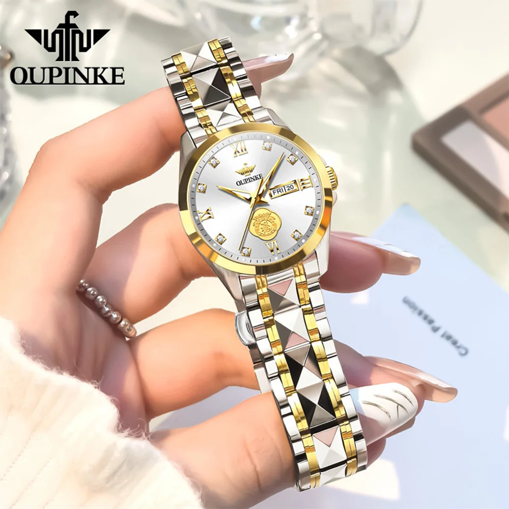 OUPINKE 3305 Real Gold Diamond Women Watch Luxury Tungsten Steel Imported Automatic Mechanical Watch Gold Wealth Bag Women Watch