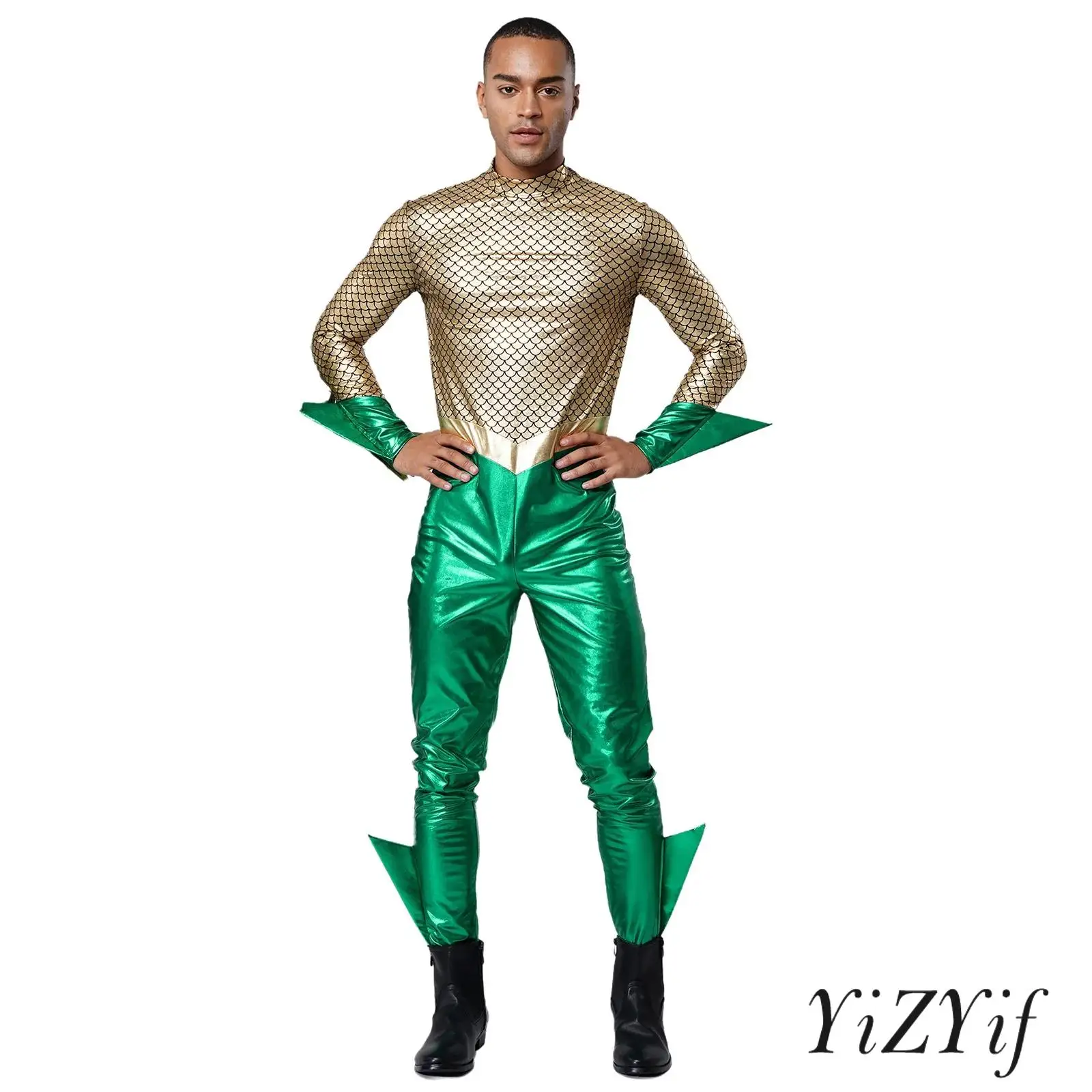 

Men Movie Cosplay Jumpsuit Fish Scale Print Color Blocked Metallic Shiny Long Sleeve Unitard Rompers for Halloween Masquerade