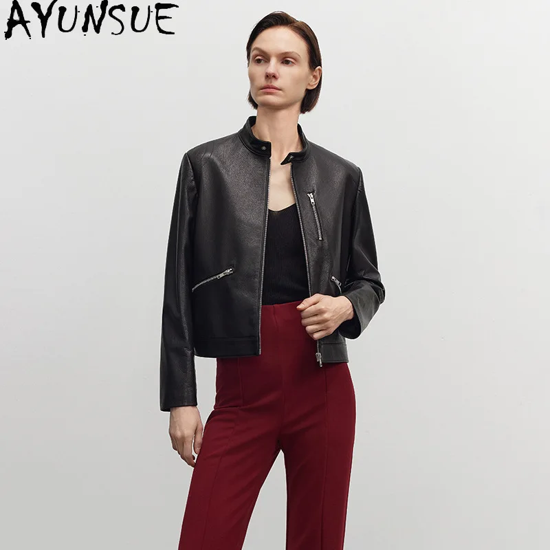 AYUNSUE 진짜 양피 정품 가죽 자켓 여성 Motocycle 코트 스탠드 칼라 여성 자켓 가을 옷 Jaqueta De Couro