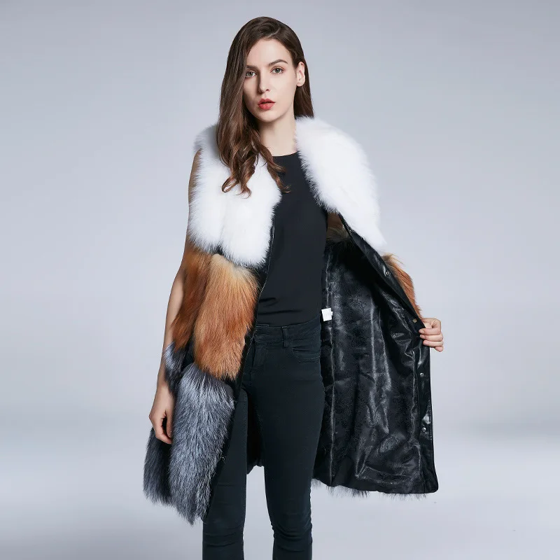 Fox Fur Long Fur Vest Coat Fashion Contrast Color Fur Coat Autumn and Winter New Trend