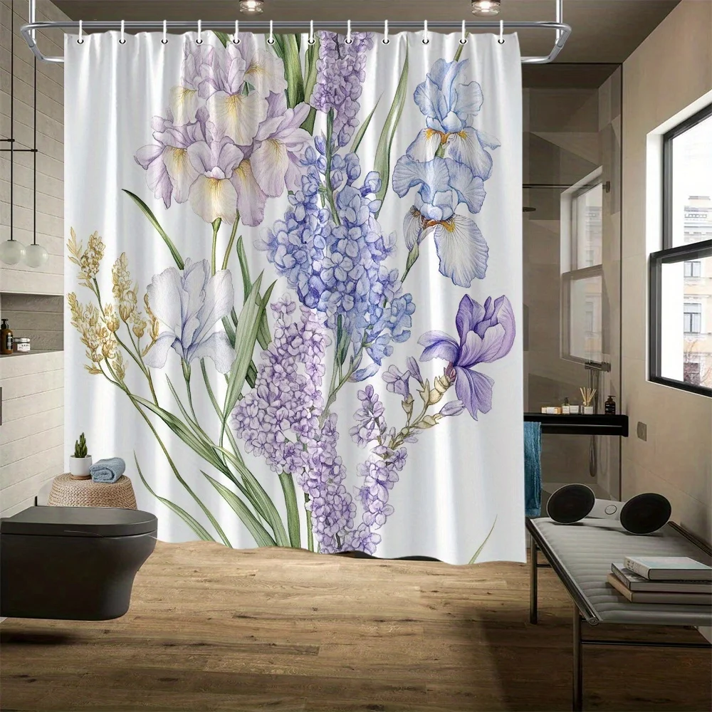 Lavender Iris & Forget-Me-Not Shower Curtain - Pale Lavender Irises, Blue Forget-Me-Nots, White Lilies,  Anti-Fade Polyester