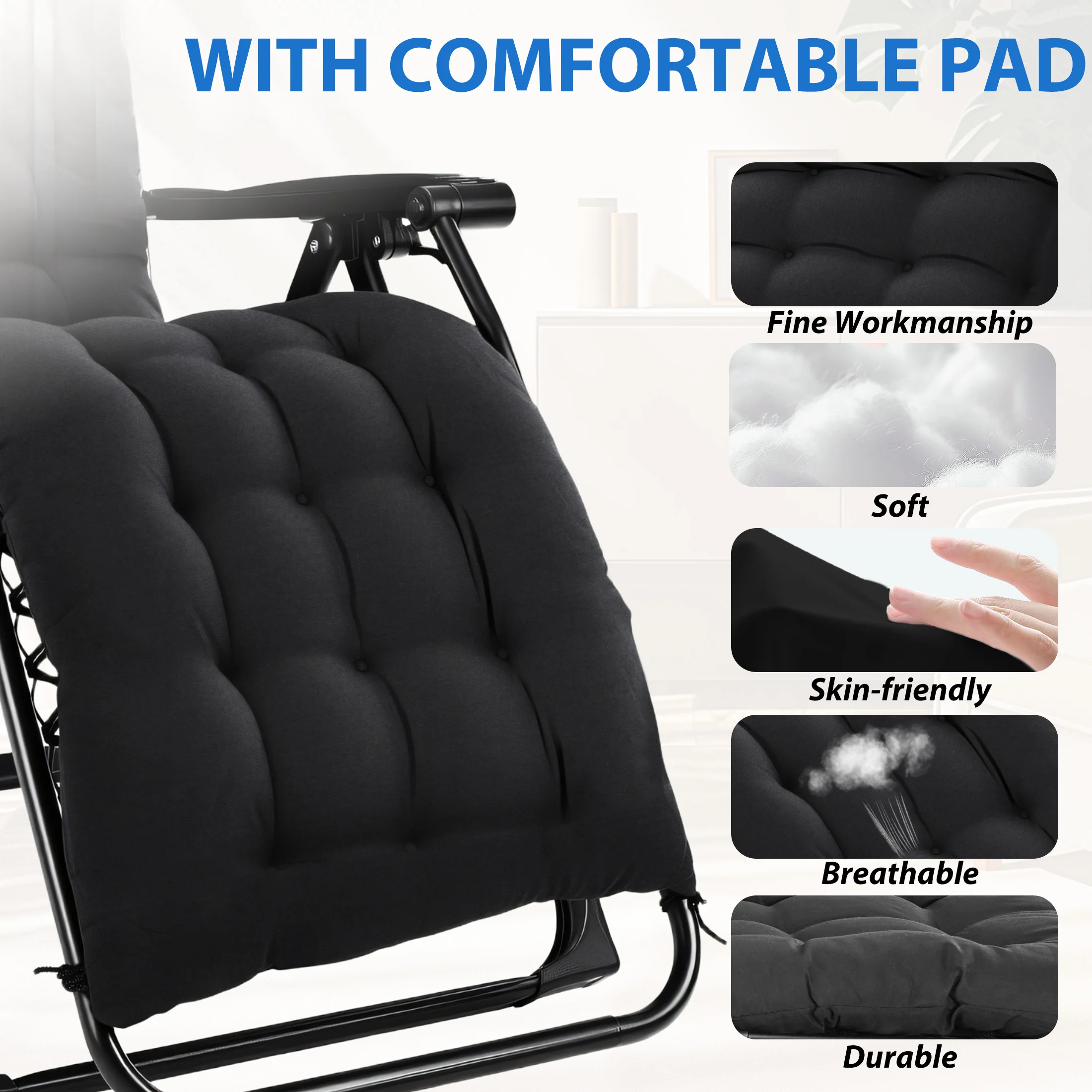 MCQ Zero Gravity Cushioned Lounge Chair Outdoor Folding Camping Padded with Cup Holder Cooler Bag Heavy Duty Chair for Garden image 5