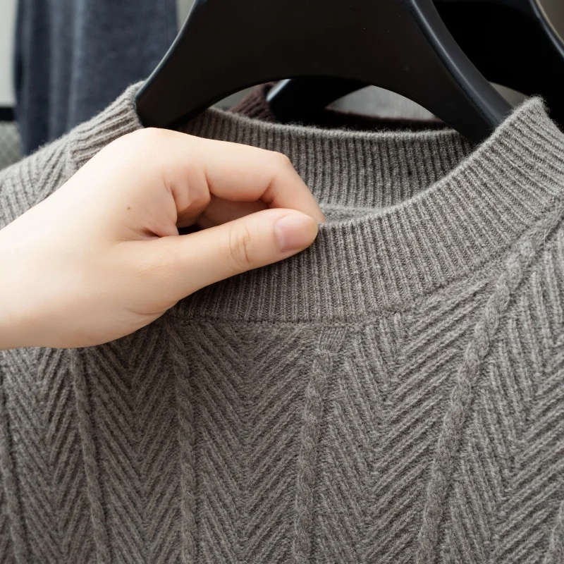 100% Wool Men's Thickened Sweater Crew Neck Knitted Pullover Long Sleeve Herringbone Pattern Autumn Winter Warm Classic Casual