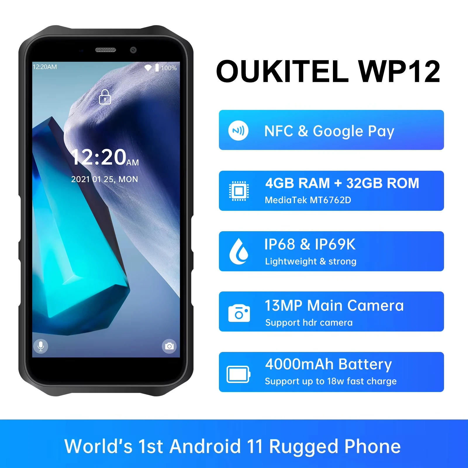 OUKITEL WP12 Rugged Smartphone 4GB+32GB Android 11 Mobile Phone 4000mAh Battery 5.5 Inch Display 13MP Camera IP68/69K Cellphone