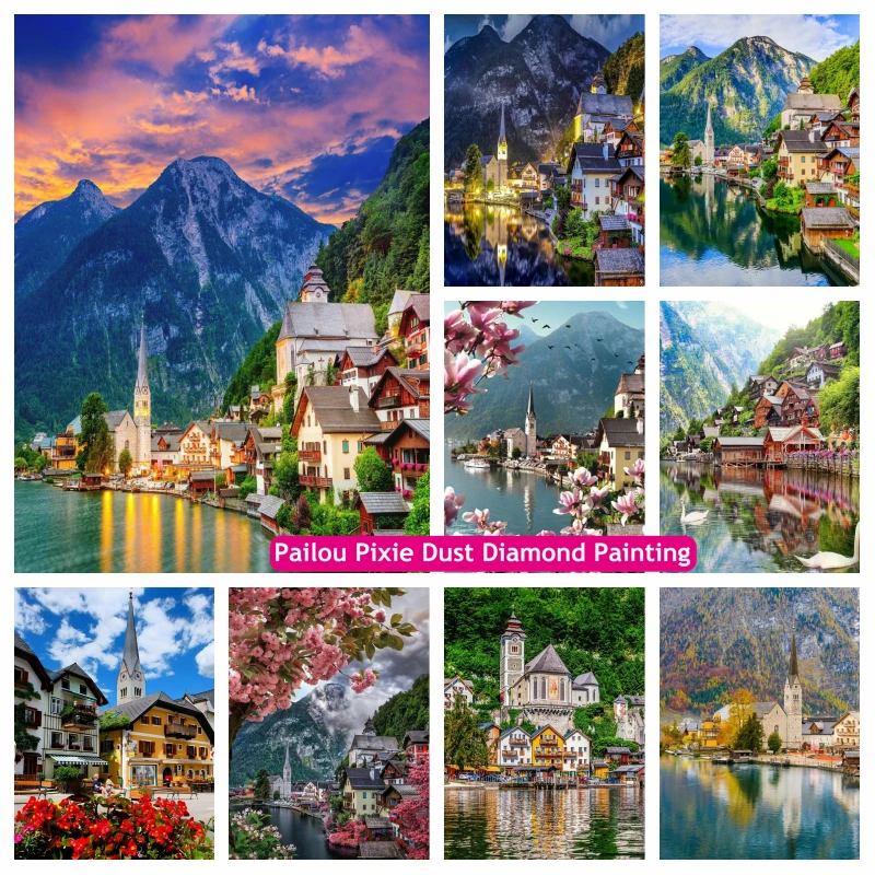 

Beauty Hallstatt Austria Landscape AB Diamond Painting Famous Beauty Town Gothic Scenery Mosaic Cross Stitch Decor Gift