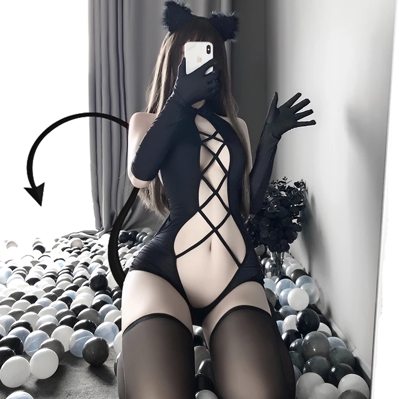 Bodysuit Lingerie Seksi Wanita Kostum Cosplay Iblis Erotis Baju Renang Bermain Peran Kucing Hitam Depan Terbuka Set Pakaian Dalam Anime