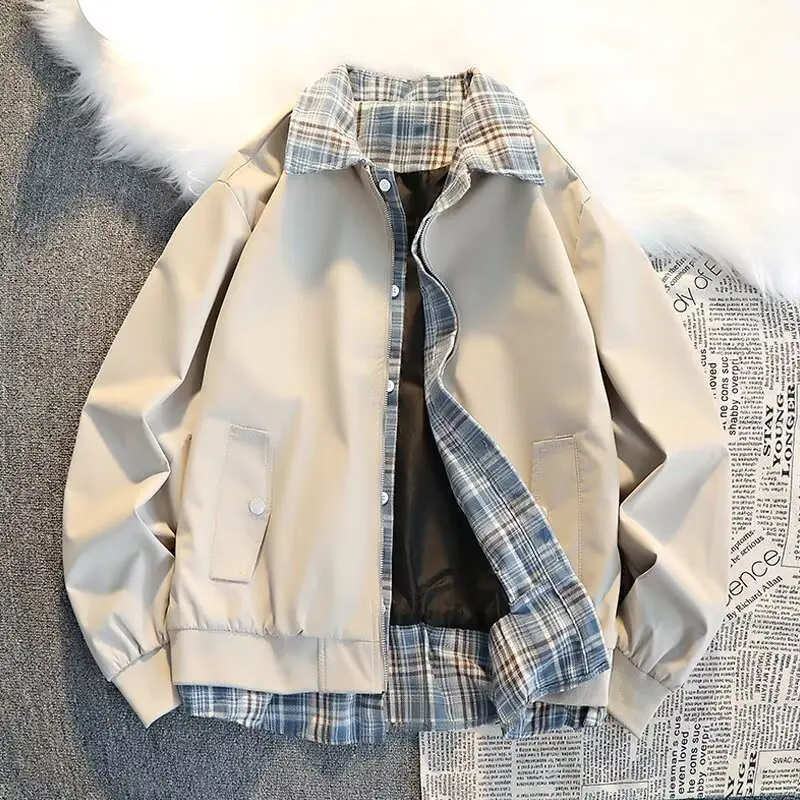 Fake two piece checkered spliced jacket jacket for men's spring loose casual top