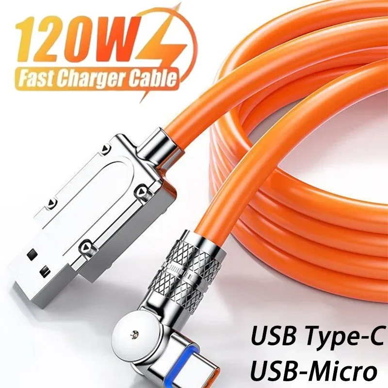 120W 6A Fast Charge USB Charger Date Cable 180 Degree Rotation Elbow Cable For iPhone 16 15 14 Xiaomi LED Micro USB Type C Cable