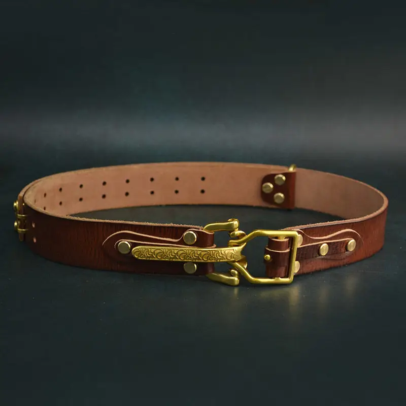 

Men's handmade genuine leather retro cavalry belt personalized brass buckle knight belt pure cowhide durable trouser belt