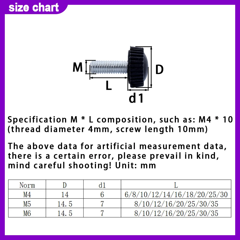 5-20Pcs M4 M5 M6 Black or White Plastic Knob Round Head Handle Hand Screw Knurled Rubber Thumb Screw Plastic Tighten Bolt Nuts