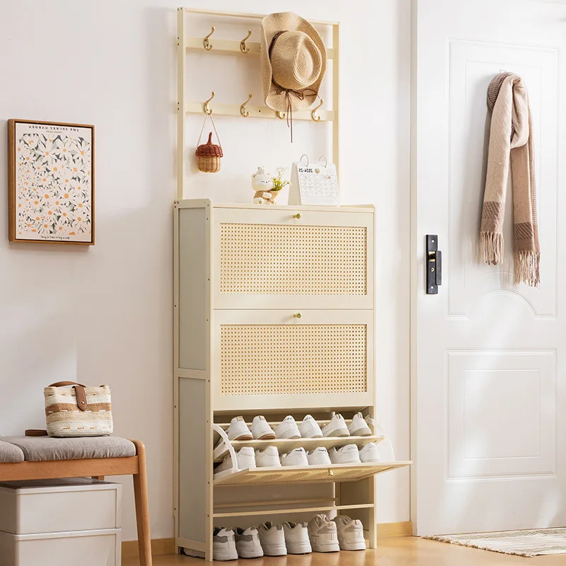 Tall Narrow Shoe Cabinet Multifunctional Flip-Door Shoe Organizer Vertical Shoe Rack with Hooks Space Saving Entryway Storage