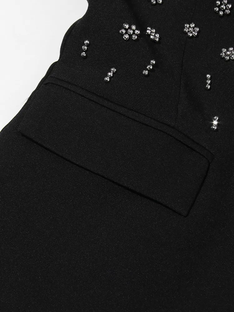 ZMEENNA 2025 春の新作レディースブラックブレザーラインストーン花装飾とフリンジディテールシングルブレスト ZM703