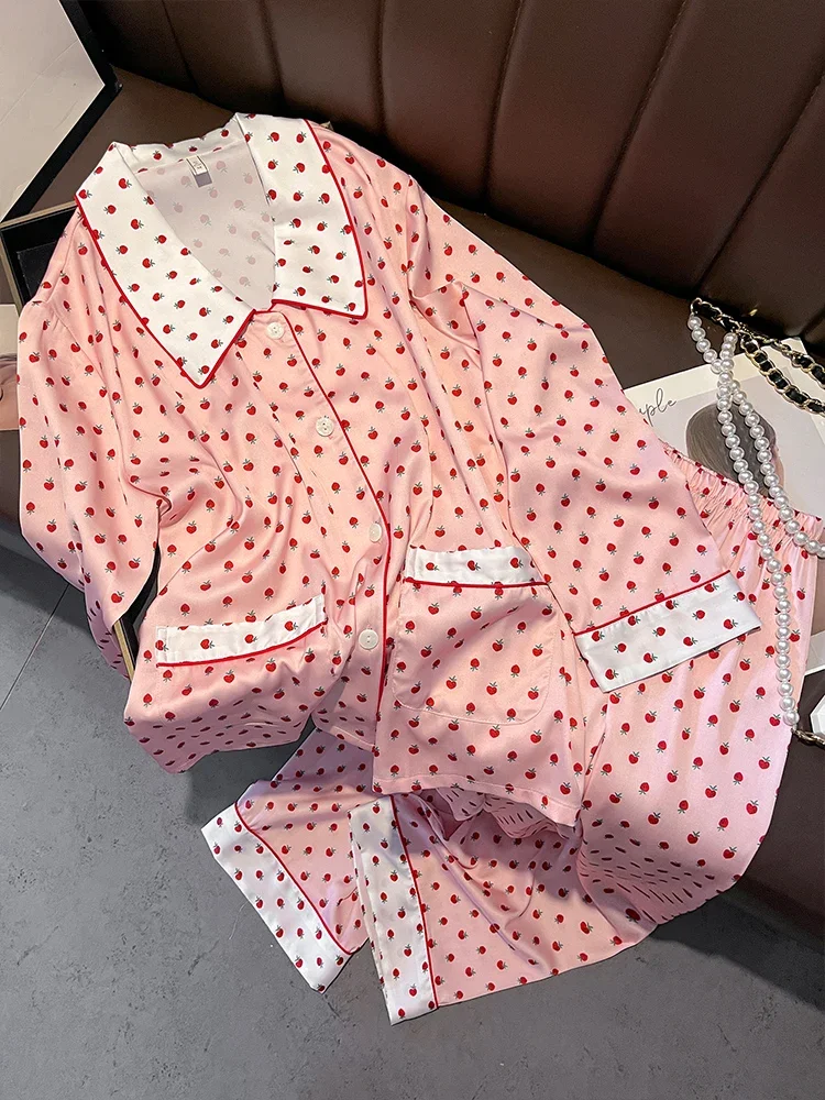 New Long sleeved Silk Pajama Women's Strawberry Set Summer  Silk Home Clothes
