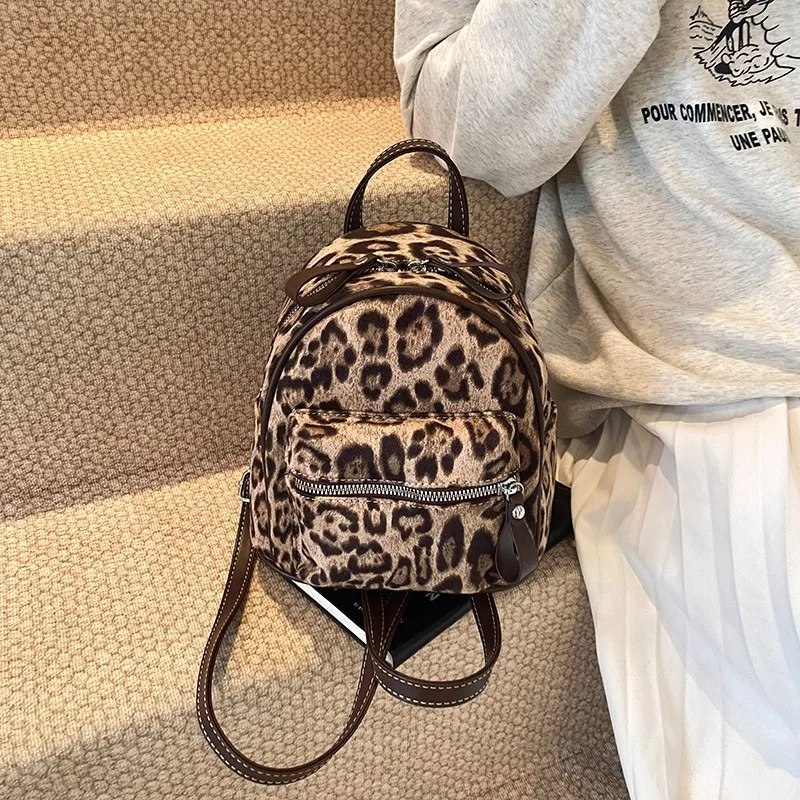 Popular Niche Leopard Print Women\'s Backpack 2024 New Autumn and Winter Versatile Backpack Mini Schoolbag