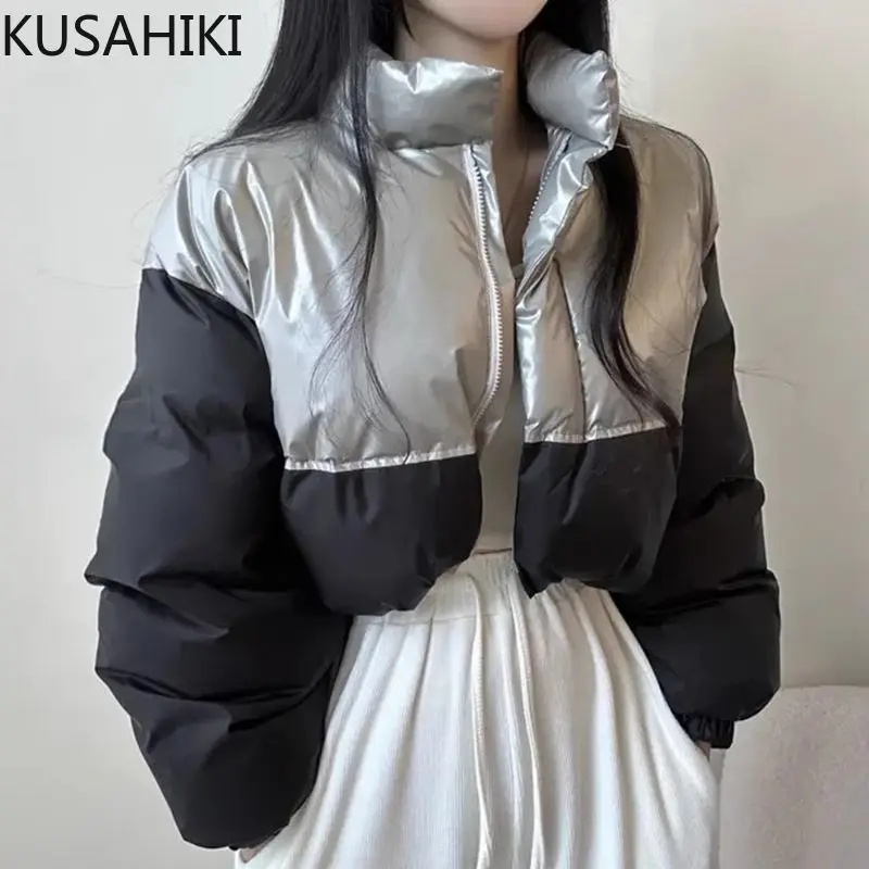 KUSAHIKI Korea Chic Autumn Winter Vintage Cool Stand Neck Zipper Hit Color Causal Parkas Fashion High Waist Short Parkas Jacket