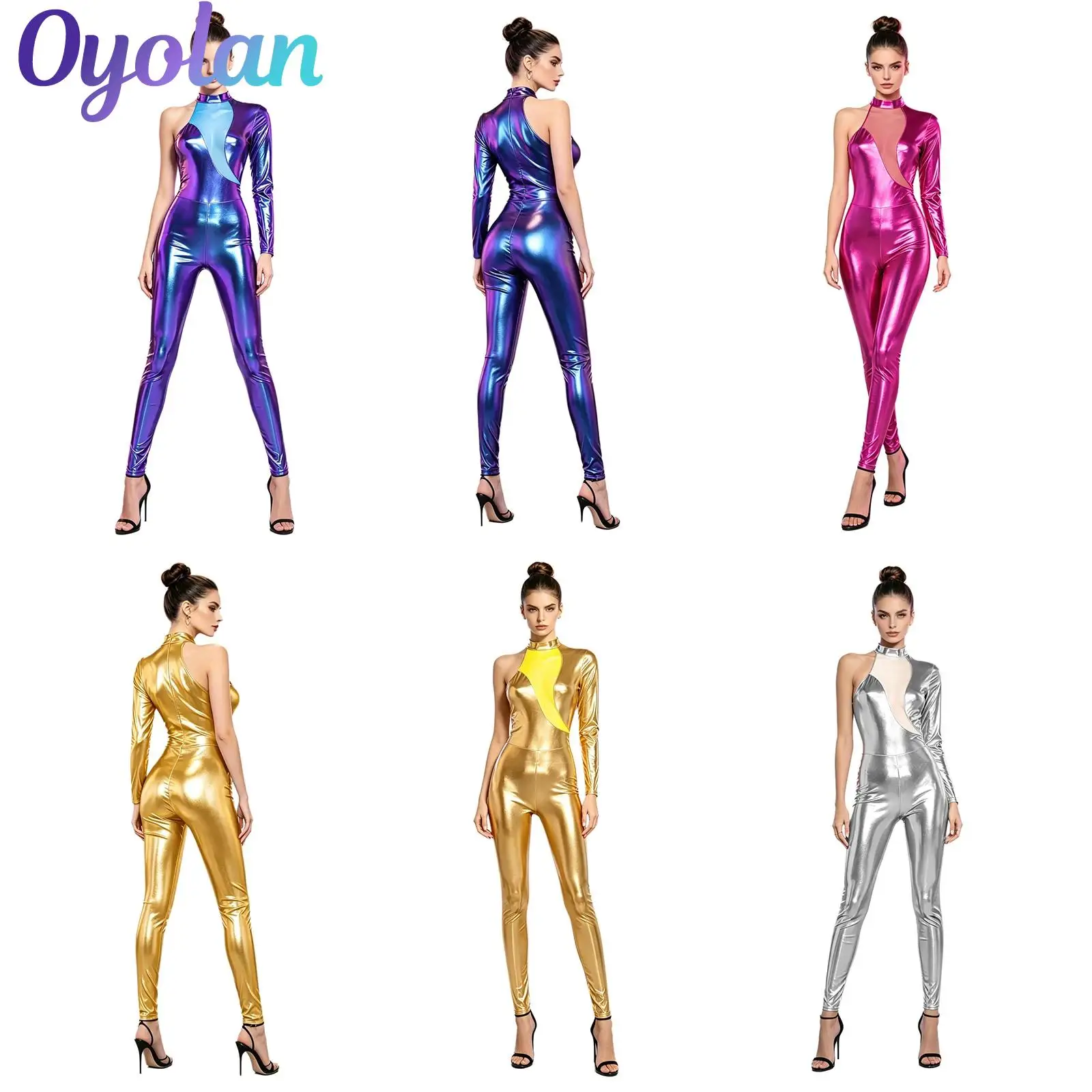 Womens Adult High Neck Shiny Metallic Bodysuit Single Long Sleeve Asymmetric Mesh Splice Unitard Rave Festival Halloween Outfit