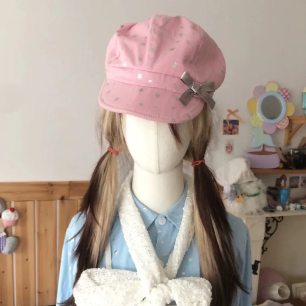 Topi Kasual Katun Silver Star dengan Ikat Pita, Pelindung Matahari Retro, Telinga Kelinci Lepas Pasang, Topi Berpenutup Model Punk dengan Telinga Kelinci, Baret Pria