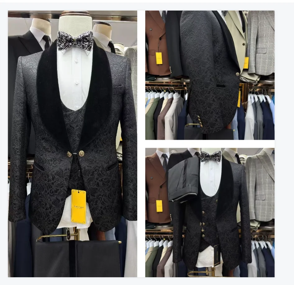 

Jacquard Men Suits Set 2 Pieces Blazer+Black Pants Trousers Wedding Tuxedos Jacket Formal Office Business Groom Male Coat