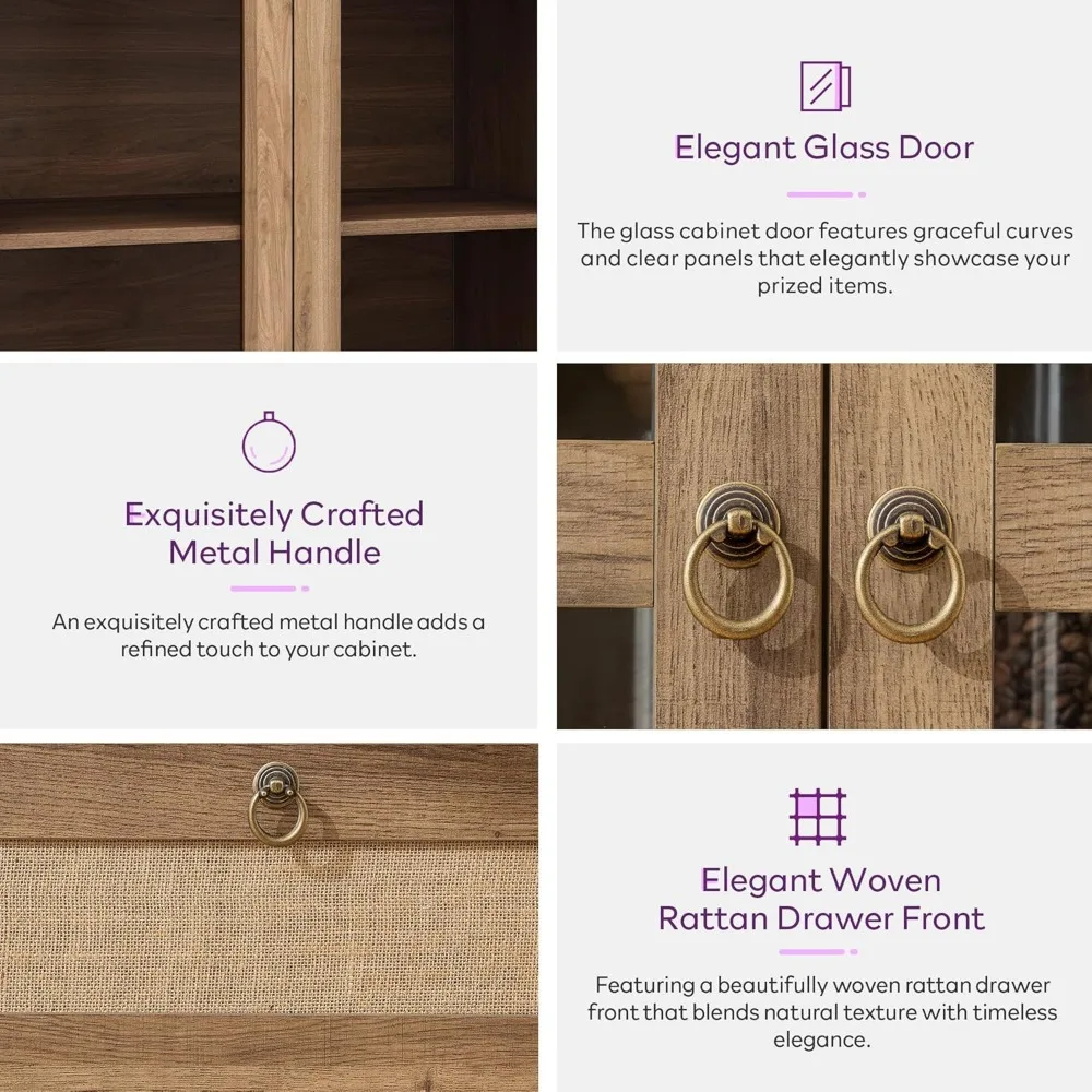 TYBOATLE 71 خزانة مخزن مقوسة طويلة مع درج مبتكر، خزانة مطبخ مع جهاز مضاد للرطوبة وباب زجاجي، متعددة الاستخدامات