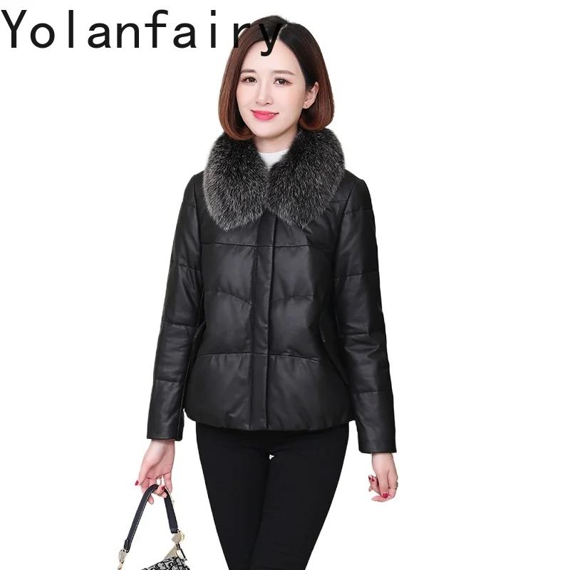 

YOLANFAIRY Sheepskin Genuine Leather Casual Fashion Winter Short Down Jacket Female Fox Fur Collar Small Outwears New Chaquetas