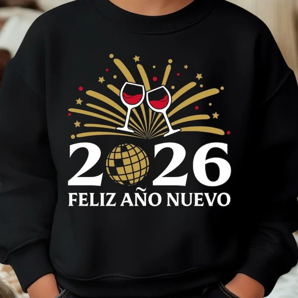 بلوفر Feliz Año Nuevo 2026 ملابس السنة الجديدة الإسبانية ملابس سنة جديدة سعيدة للرجال والنساء ملابس غير رسمية للعطلات برقبة دائرية #1