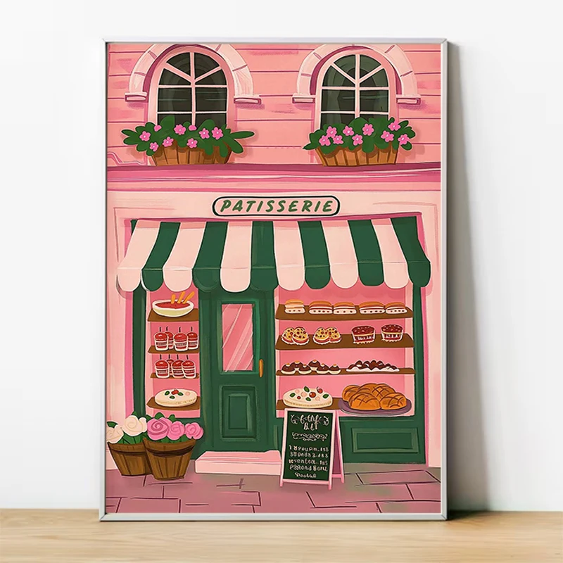 コーヒーショップ シティベーカリー イラスト クロワッサンとクッキー ポスター キャンバス絵画 ウォールプリント キッチン用 ホームデコレーション