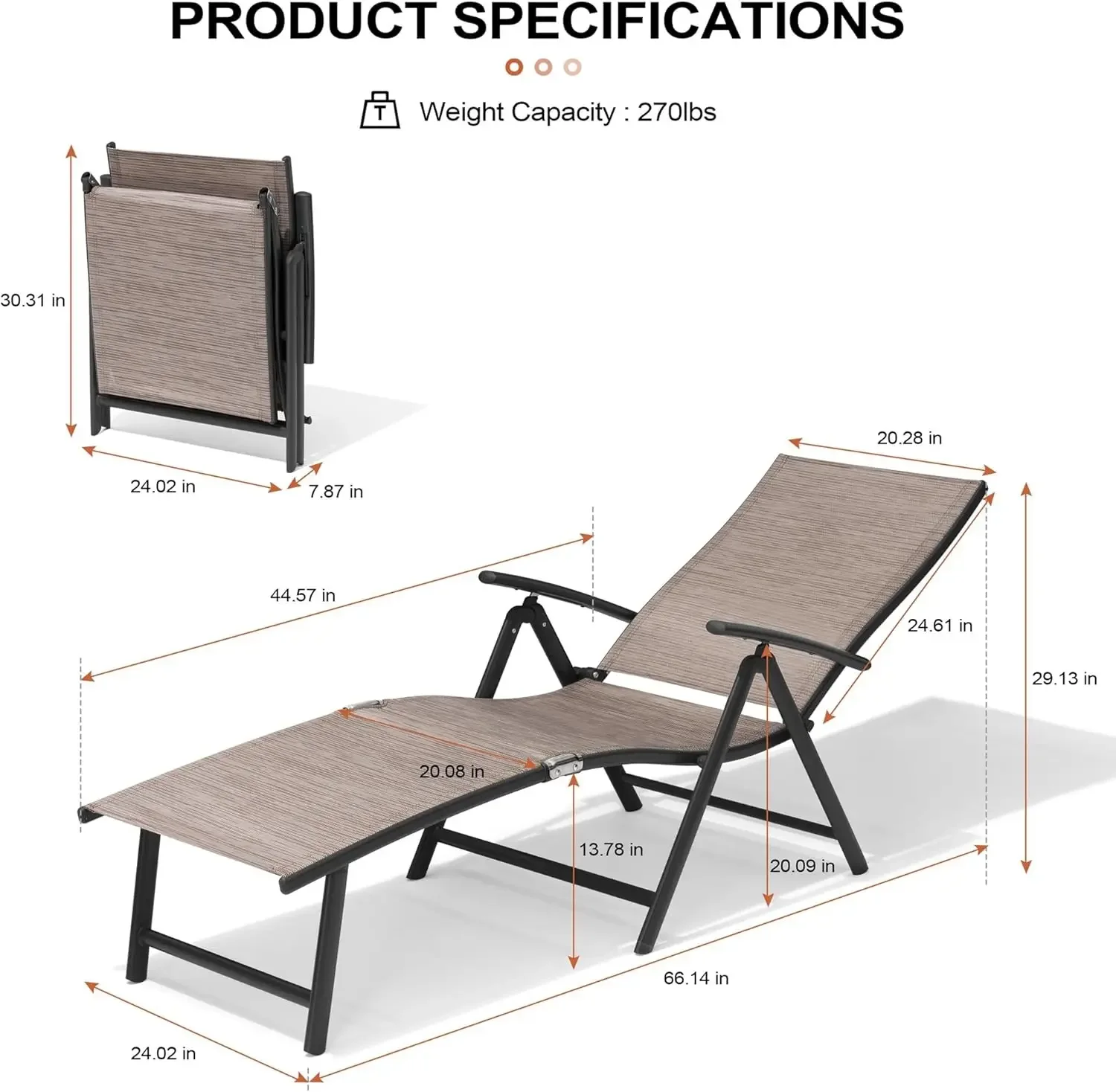 Chaise Lounge Chair Outdoor, Aluminum Folding Patio Recliner Chair, Adjustable 8 Positions Assemble-Free Perfect for Beach