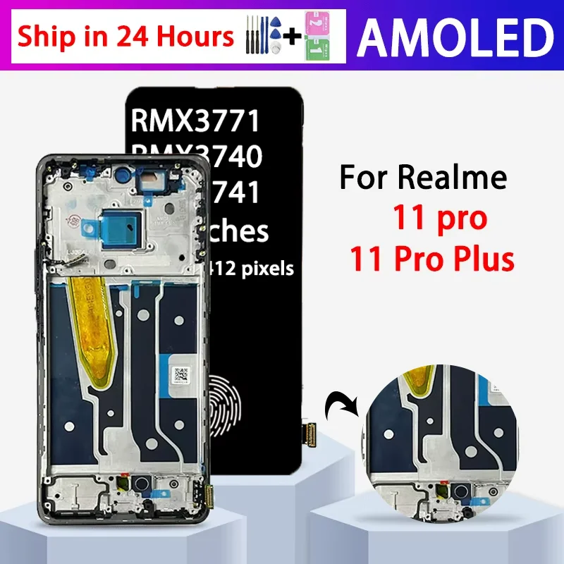67インチamoled-realme-11-pro-plus-rmx3740用lcdタッチスクリーンデジタイザーアセンブリ、realme-11-pro-rmx3771用フレーム付きディスプレイ