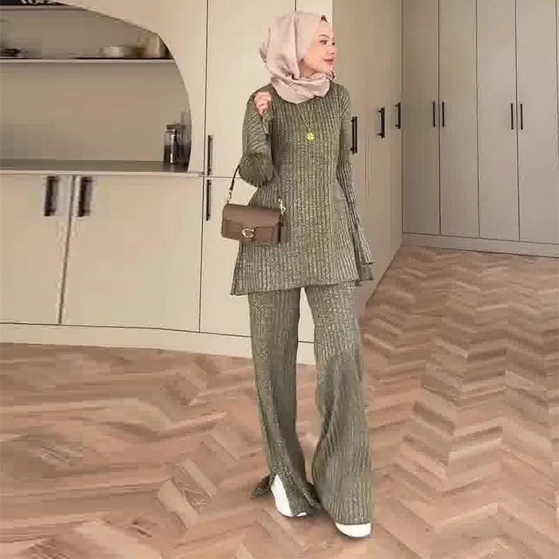 2025 New Olive Green Side Slit Long Sleeve Top Wide Leg Pants Two Piece Set Women Casual Fashion Slim Fit Outfit
