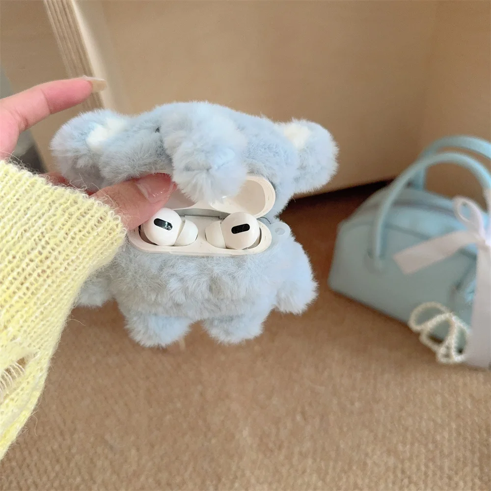 For Airpods Pro 3/Pro 2/4/3/2 Cute Furry Elephant Case 360 Degree Protective Earphone Bag Funda Airpods Pro Fluffy Pompom Cover view 2