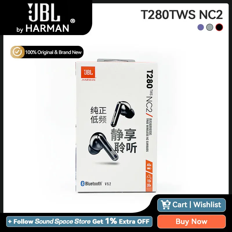 JBL T280TWS NC2 ANC Bluetooth Headphones True Wireless Earbuds Bluetooth 5.2 IPX5 Waterproof 40 Hours Playtime