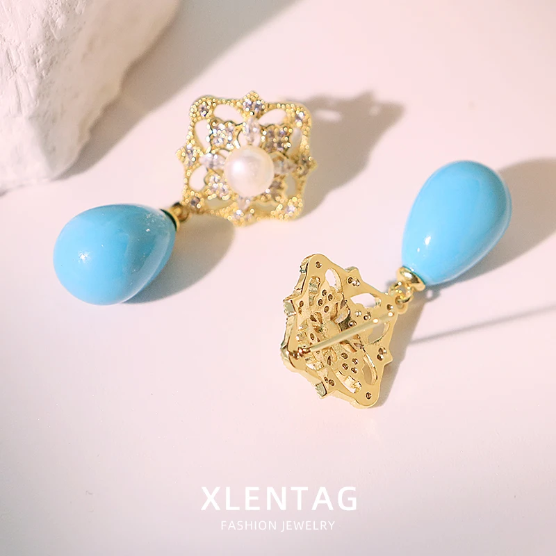 لؤلؤ المياه العذبة الطبيعية مربع الجوف الزركون مطعمة الفيروز قلادة أقراط خمر الأقراط الفاخرة النساء المجوهرات GE1747