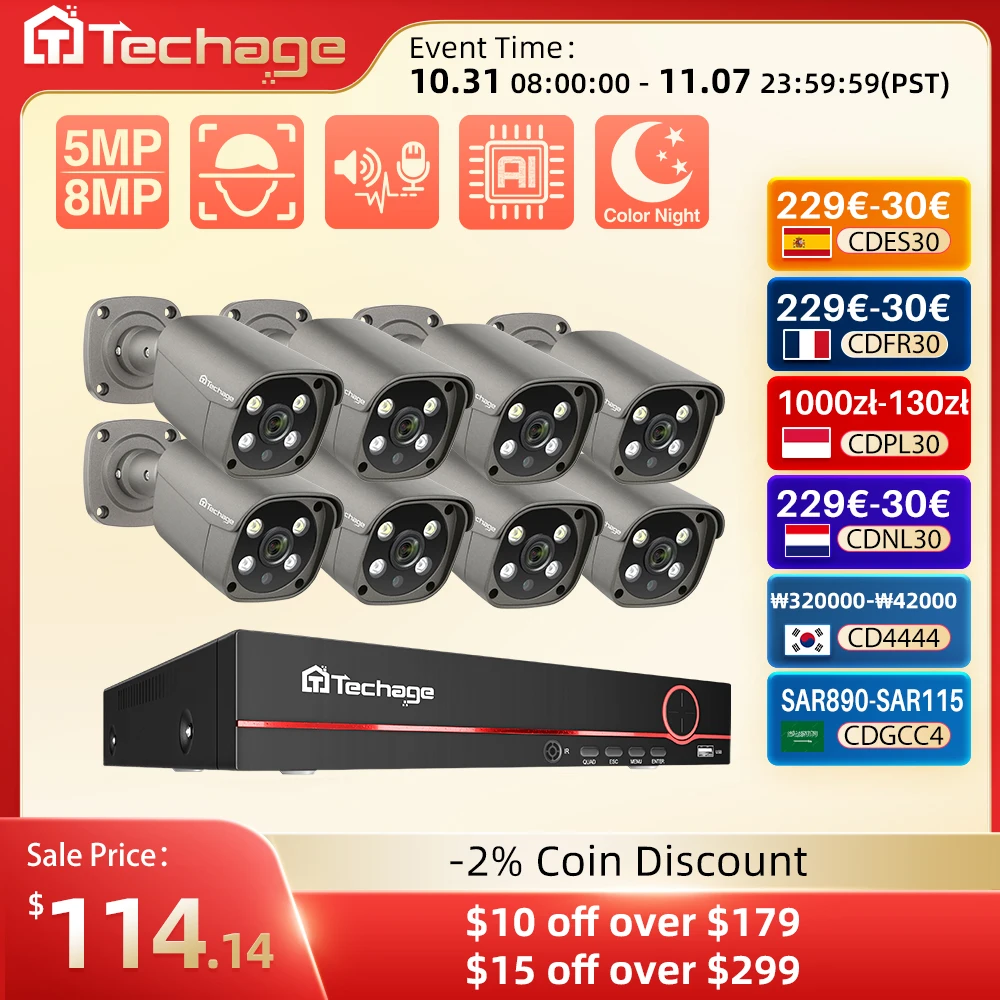 

Techage 8CH 5MP 8MP Security Camera System 4K HD POE IP Camera Kit Two Way Audio Face Detect Metal Outdoor Video Surveillance