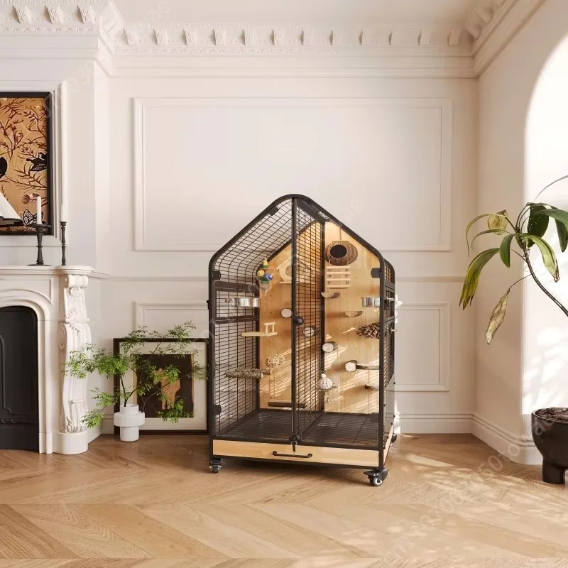 Luxury Parrot Villa Large Space Bird Cage Movable Solid Wood Iron Glass Panoramic Parrot Bird Nest