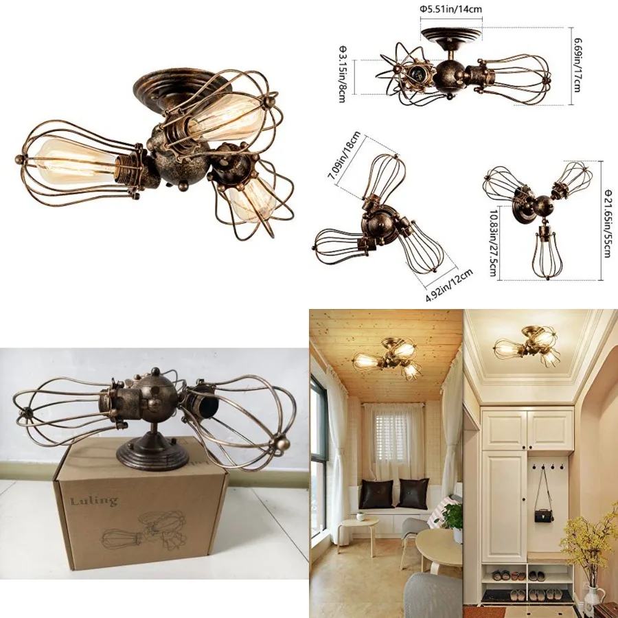 

Vintage Ceiling Light Industrial, Adjustable Socket Metal Wire Cage Lamp Semi-Flush Mount ic Ceiling Light Metal Lamp Fixtures