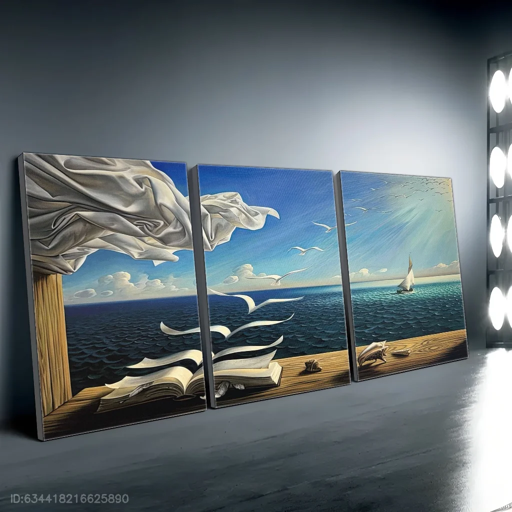 طائرة ثنائية الأبعاد، 3 قطع من القماش بدون إطار، تفسير فني منزلي على الموضة للوحات تزيين المناظر الطبيعية على شاطئ البحر، Tyndall