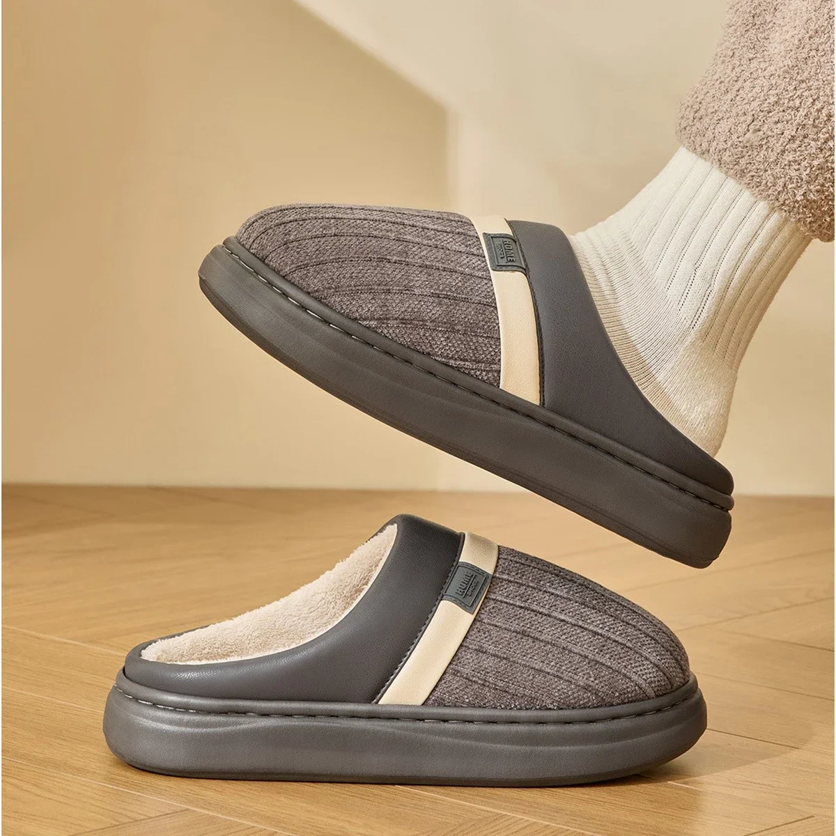 Autumn Winter Slippers Thick Sole Men's Cotton Slipper Indoor Anti-slip Women Warm Shoes Comfortable Couple's Home Furry Slides