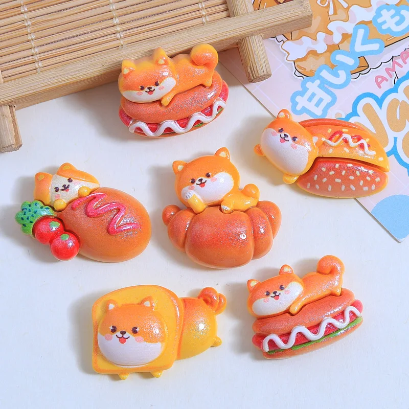 10Pcs Cartoon Hamburg Bread Dog Flatback Resin Cabochon Fake Food DIY Jewelry Making Accessory Creative Scrapbooking Phone Decor