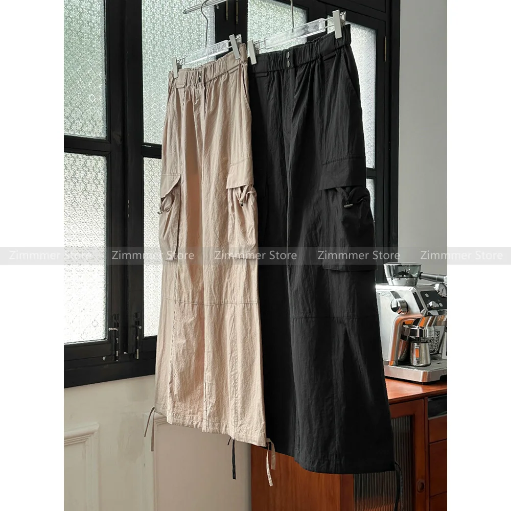 

Summer new elastic waist work style loose wide leg pants women's micro wrinkled textured casual drawstring pants