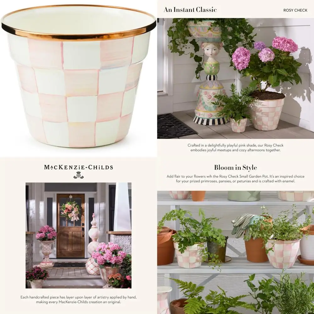 

Decorative Outdoor Garden Pot for Plants, Small Pink and White Rosy Check Pattern, Flowerpot Decor, Enamel Finish