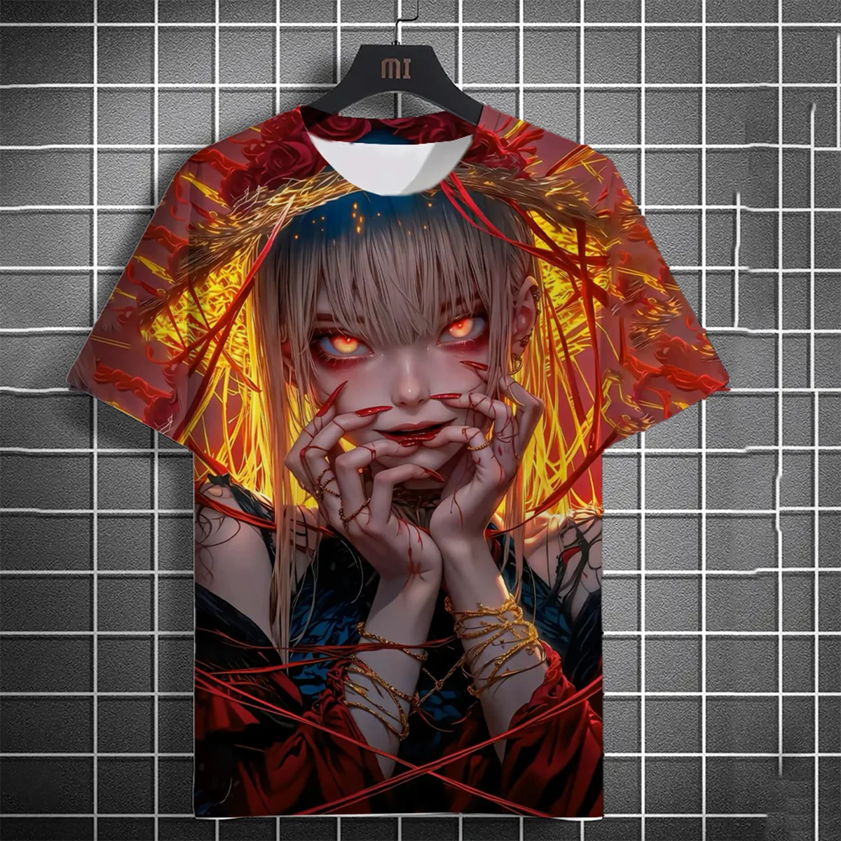 Men's 3D Beautiful Girl Bloodstained T-shirt 3D Cool Pattern Summer Fashion Round Neck Loose Breathable Short Sleeve Top