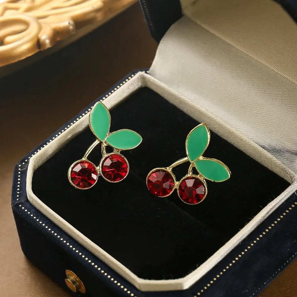 Strawberry Lemon Fruits Studs Earrings Crystal Rhinestone Creative Mini Cherry Earrings Orange Cherry Simulation